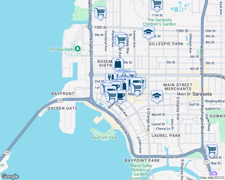 map of restaurants, bars, coffee shops, grocery stores, and more near 57 North Pineapple Avenue in Sarasota