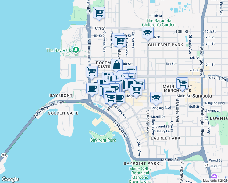 map of restaurants, bars, coffee shops, grocery stores, and more near 57 North Pineapple Avenue in Sarasota