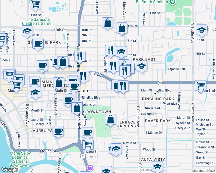 map of restaurants, bars, coffee shops, grocery stores, and more near 2195 1st Street in Sarasota