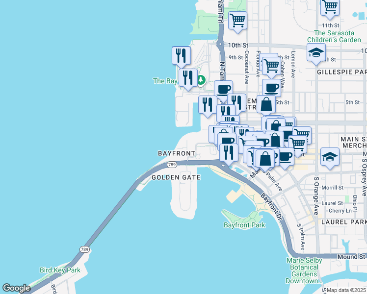 map of restaurants, bars, coffee shops, grocery stores, and more near 99 Sunset Drive in Sarasota