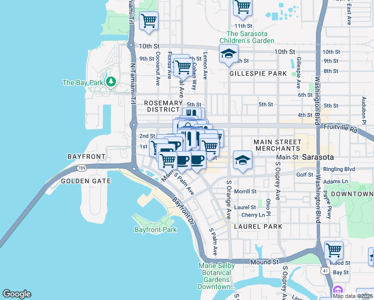 map of restaurants, bars, coffee shops, grocery stores, and more near 1417 1st Street in Sarasota
