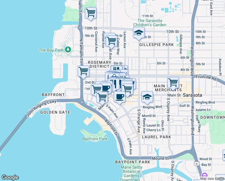 map of restaurants, bars, coffee shops, grocery stores, and more near 1417 1st Street in Sarasota