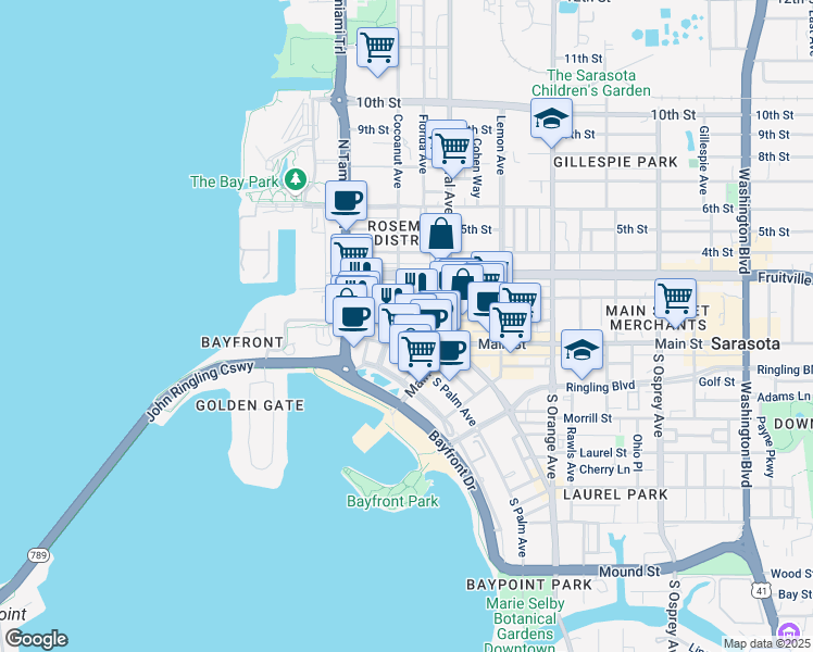 map of restaurants, bars, coffee shops, grocery stores, and more near 123 Cocoanut Avenue in Sarasota