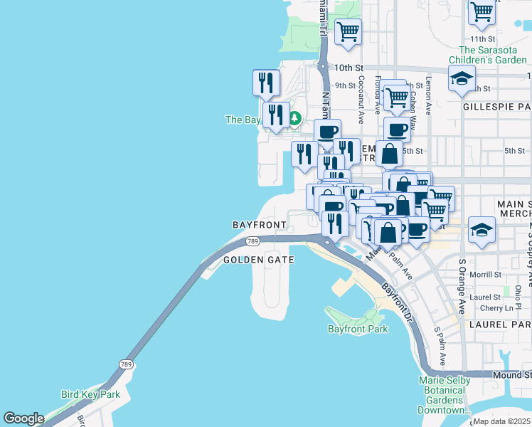 map of restaurants, bars, coffee shops, grocery stores, and more near 99 Sunset Drive in Sarasota