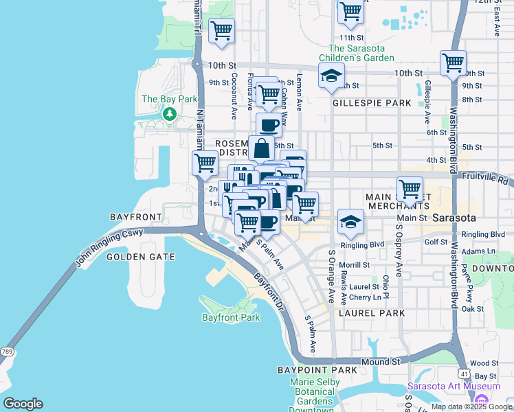 map of restaurants, bars, coffee shops, grocery stores, and more near 1331 1st Street in Sarasota