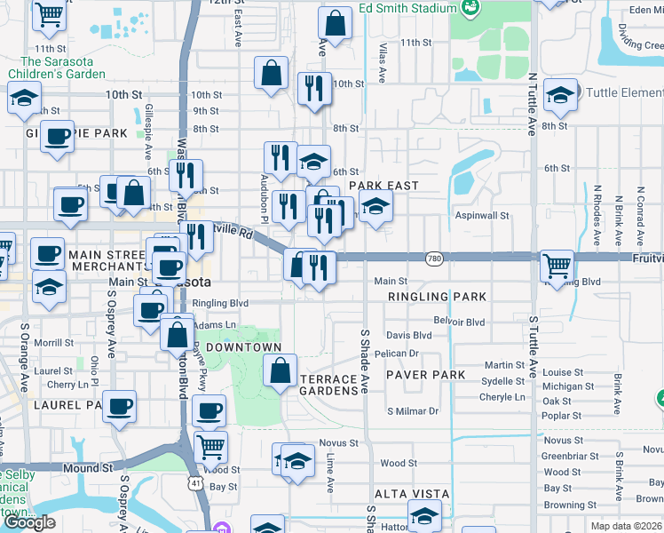 map of restaurants, bars, coffee shops, grocery stores, and more near in Sarasota