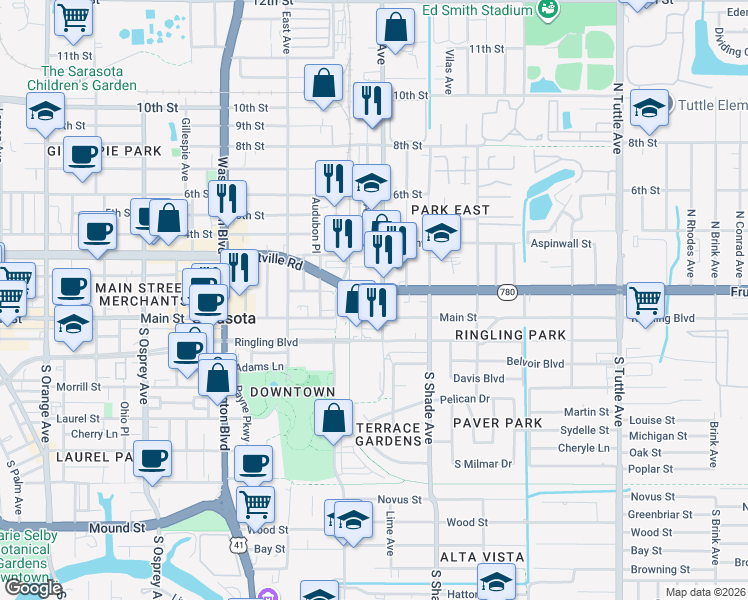 map of restaurants, bars, coffee shops, grocery stores, and more near in Sarasota