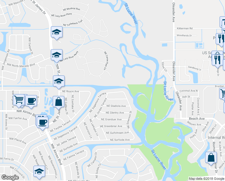 map of restaurants, bars, coffee shops, grocery stores, and more near 285 Northeast Sagamore Terrace in Port Saint Lucie