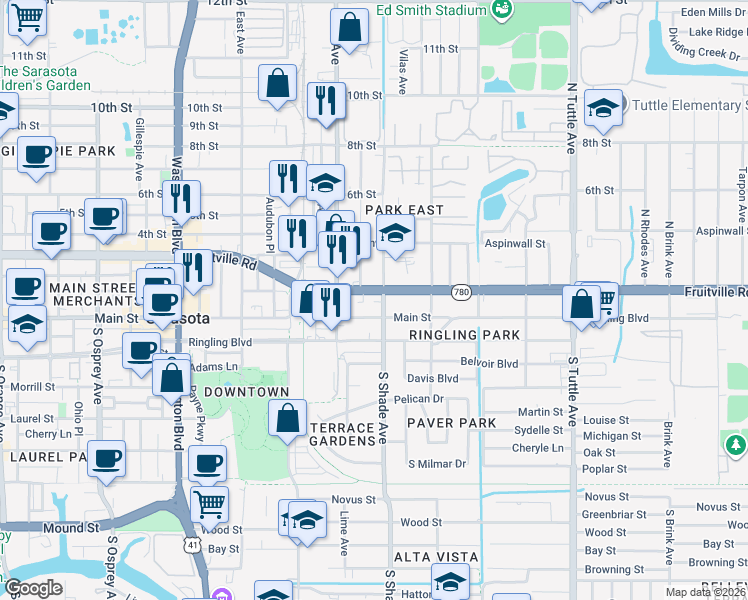 map of restaurants, bars, coffee shops, grocery stores, and more near 2376 Fruitville Road in Sarasota