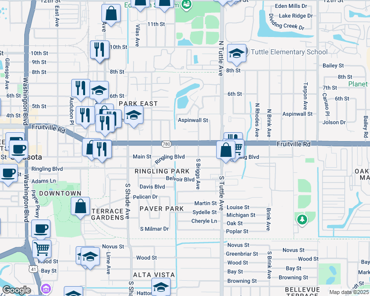 map of restaurants, bars, coffee shops, grocery stores, and more near 2688 Fruitville Road in Sarasota