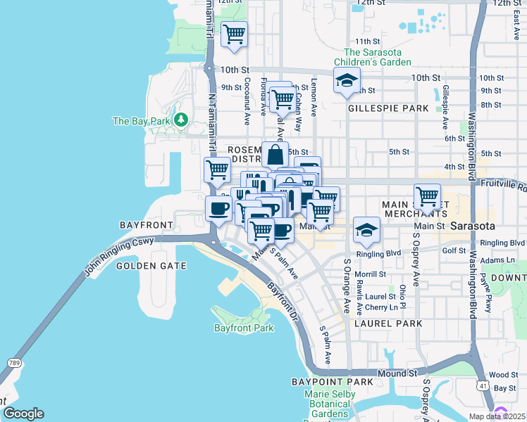 map of restaurants, bars, coffee shops, grocery stores, and more near North Pineapple Avenue in Sarasota