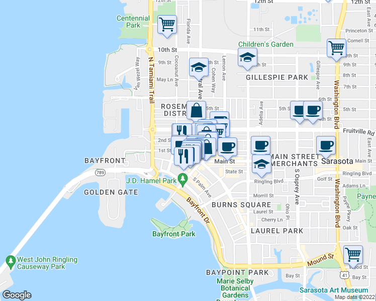 map of restaurants, bars, coffee shops, grocery stores, and more near North Pineapple Avenue in Sarasota