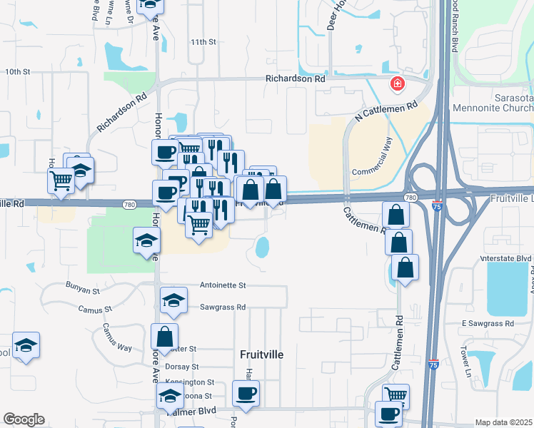 map of restaurants, bars, coffee shops, grocery stores, and more near 120 Paramount Drive in Sarasota