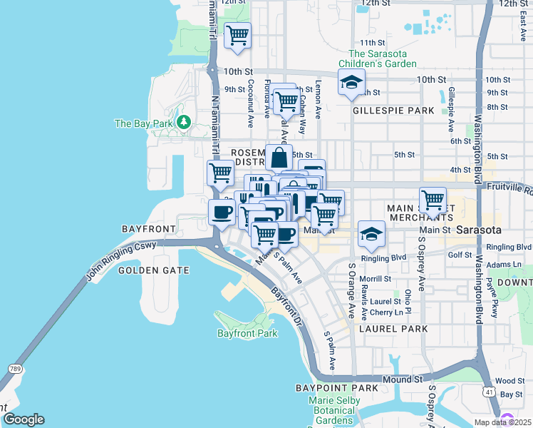 map of restaurants, bars, coffee shops, grocery stores, and more near 1331 1st Street in Sarasota