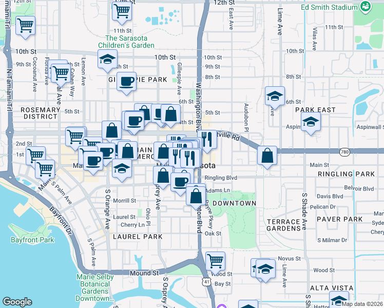map of restaurants, bars, coffee shops, grocery stores, and more near 1991 Main Street in Sarasota