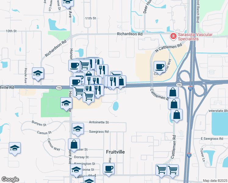 map of restaurants, bars, coffee shops, grocery stores, and more near 5550 Fruitville Road in Sarasota