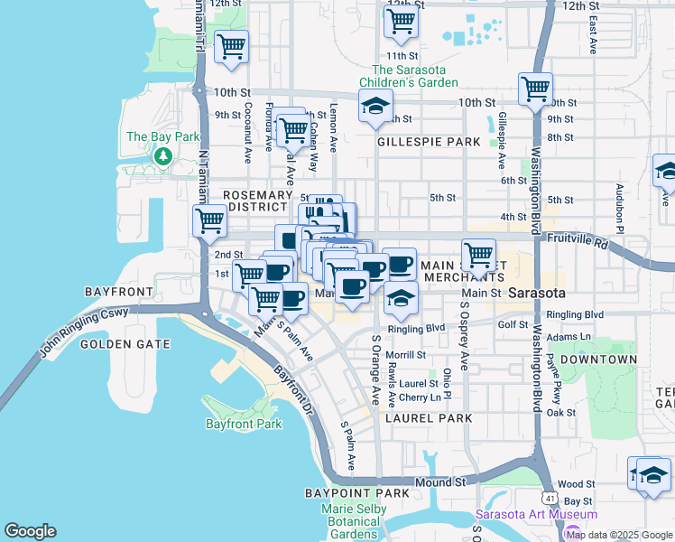 map of restaurants, bars, coffee shops, grocery stores, and more near 1525 1st Street in Sarasota
