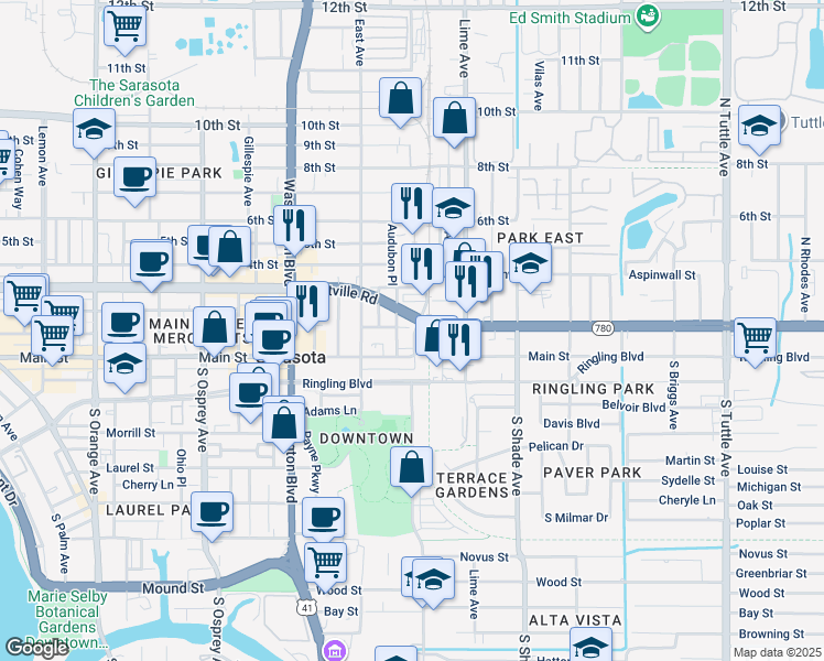 map of restaurants, bars, coffee shops, grocery stores, and more near 2195 1st Street in Sarasota