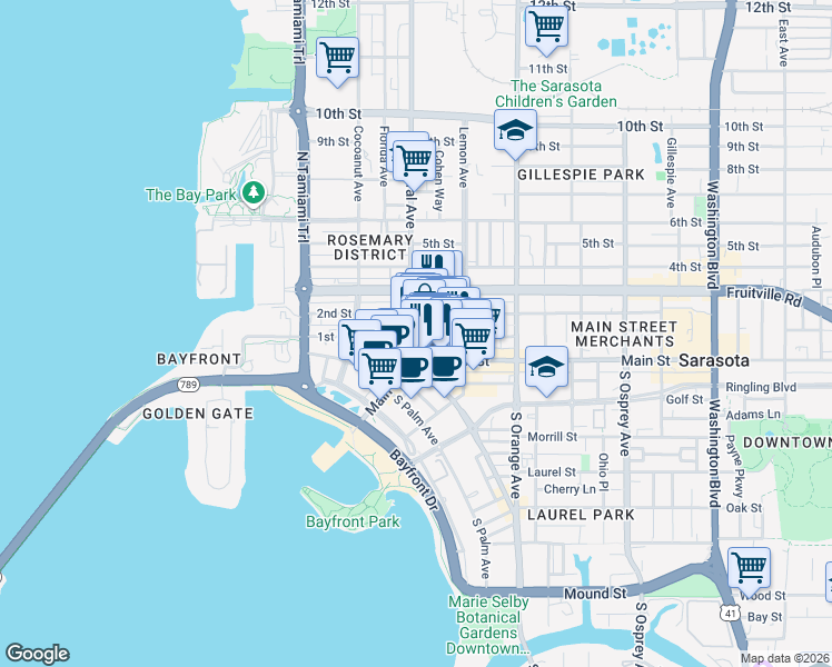 map of restaurants, bars, coffee shops, grocery stores, and more near 1417 1st Street in Sarasota