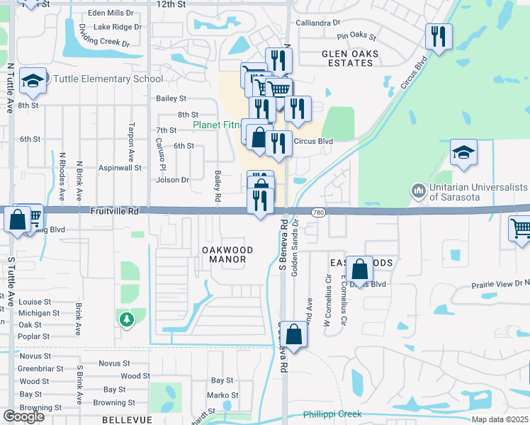 map of restaurants, bars, coffee shops, grocery stores, and more near 3530 Fruitville Road in Sarasota