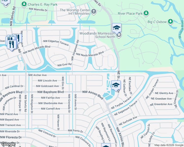 map of restaurants, bars, coffee shops, grocery stores, and more near 271 Northwest Archer Avenue in Port St. Lucie