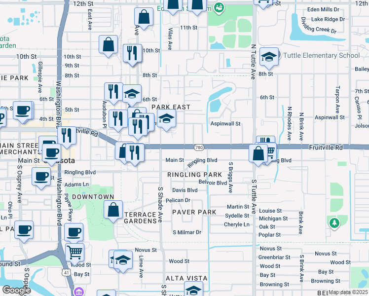 map of restaurants, bars, coffee shops, grocery stores, and more near Fruitville Rd & N Jefferson Ave in Sarasota