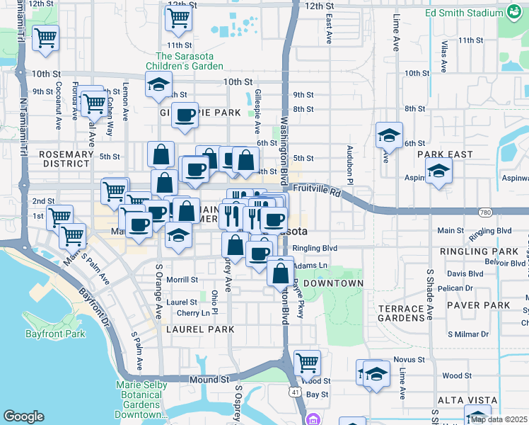 map of restaurants, bars, coffee shops, grocery stores, and more near 1991 Main Street in Sarasota