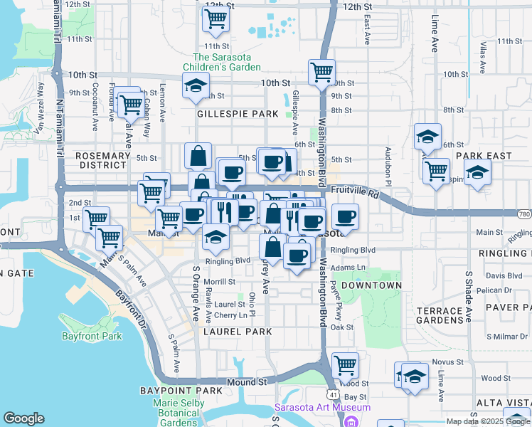 map of restaurants, bars, coffee shops, grocery stores, and more near 99 North Osprey Avenue in Sarasota