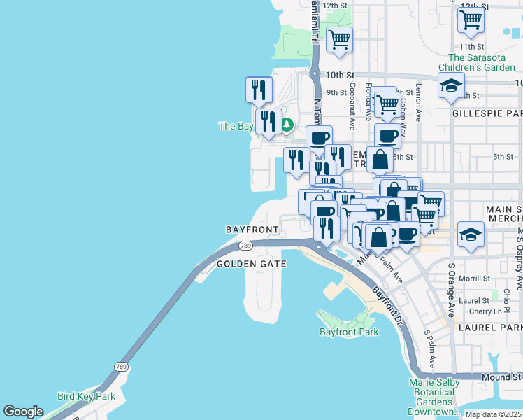 map of restaurants, bars, coffee shops, grocery stores, and more near 101 Sunset Drive in Sarasota