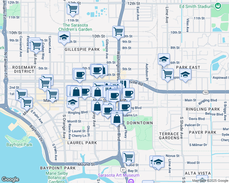map of restaurants, bars, coffee shops, grocery stores, and more near 1991 Main Street in Sarasota