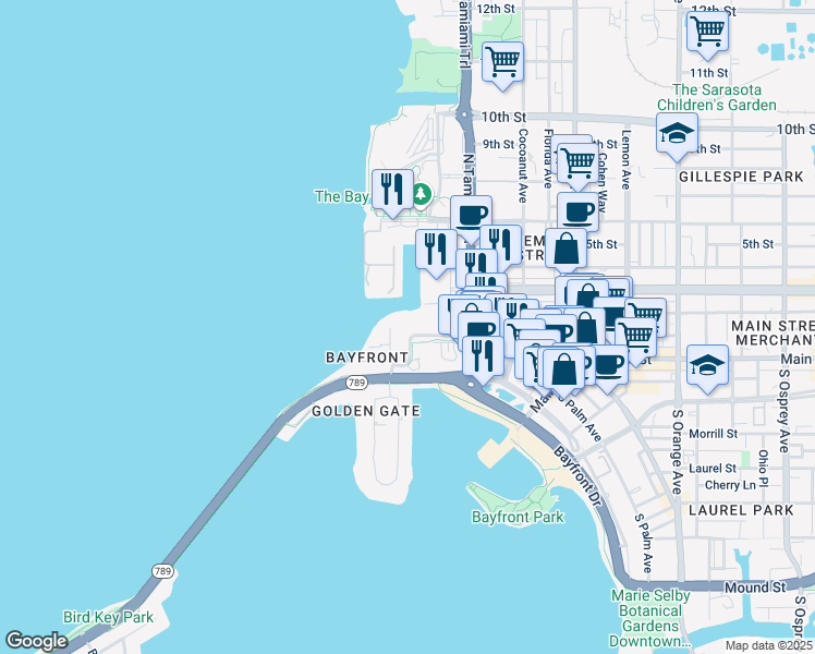 map of restaurants, bars, coffee shops, grocery stores, and more near 1111 Ritz Carlton Drive in Sarasota