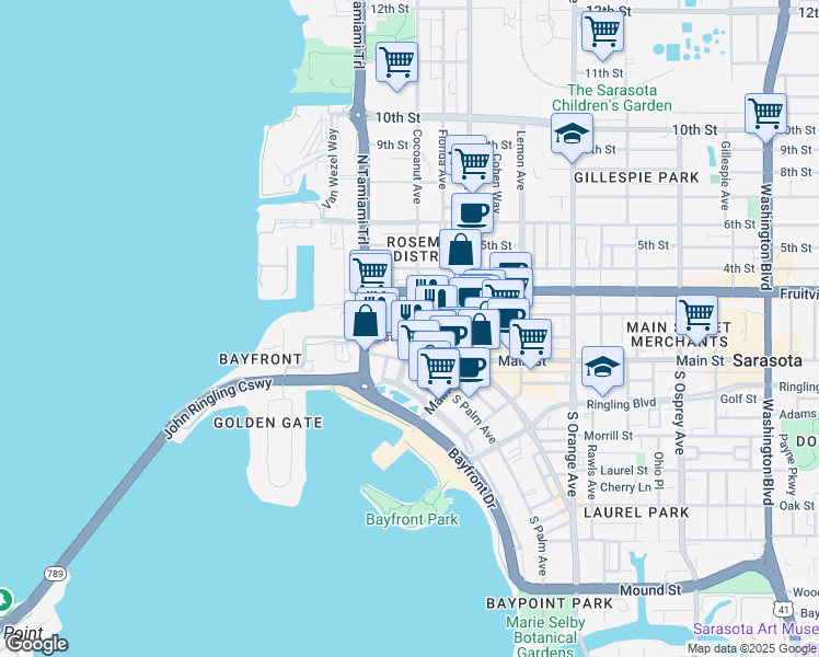 map of restaurants, bars, coffee shops, grocery stores, and more near 123 Cocoanut Ave in Sarasota