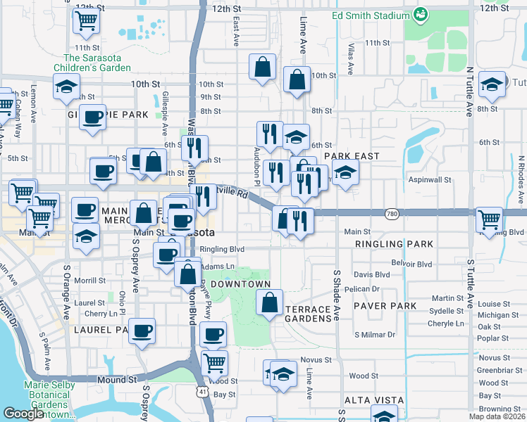 map of restaurants, bars, coffee shops, grocery stores, and more near 2195 1st Street in Sarasota