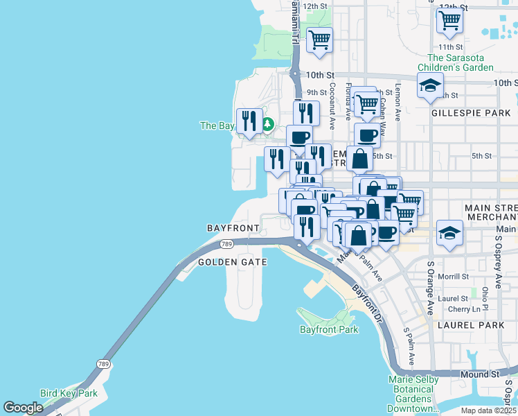 map of restaurants, bars, coffee shops, grocery stores, and more near 1111 Ritz Carlton Drive in Sarasota