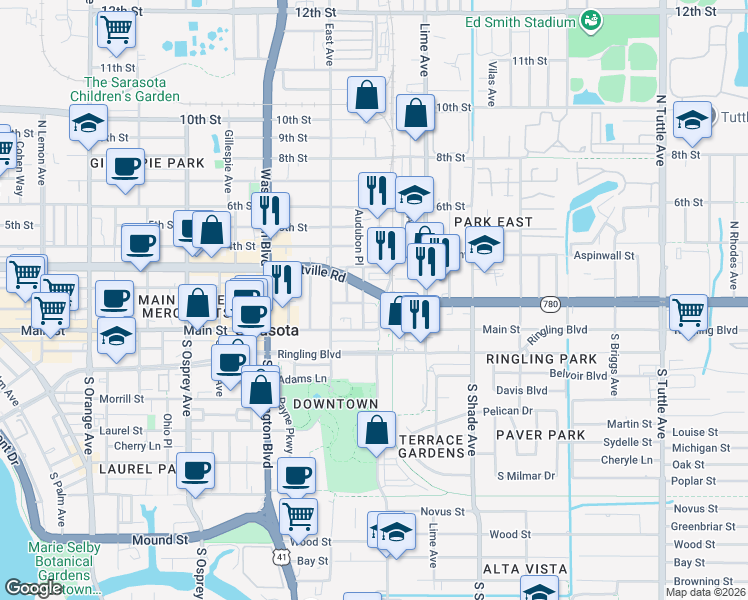 map of restaurants, bars, coffee shops, grocery stores, and more near 2195 1st Street in Sarasota