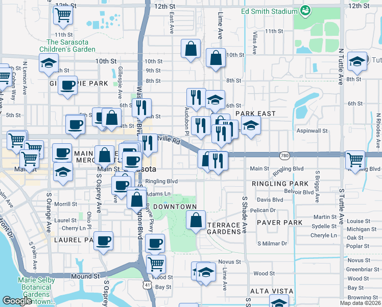 map of restaurants, bars, coffee shops, grocery stores, and more near 2195 1st Street in Sarasota