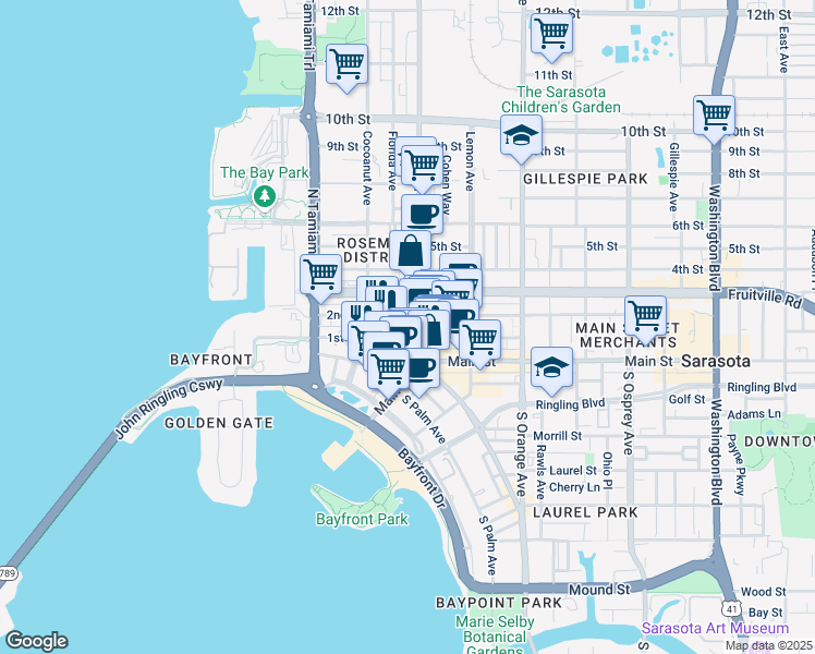 map of restaurants, bars, coffee shops, grocery stores, and more near 1331 1st Street in Sarasota