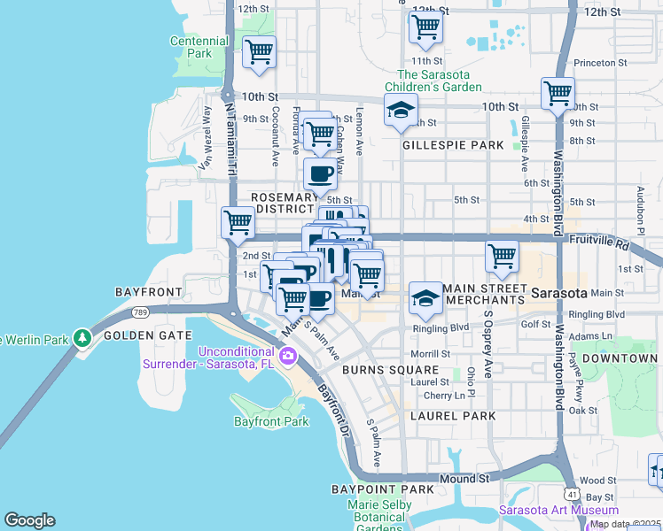map of restaurants, bars, coffee shops, grocery stores, and more near 1417 1st Street in Sarasota