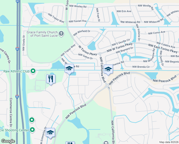 map of restaurants, bars, coffee shops, grocery stores, and more near 6006 Northwest Wolverine Road in Port St. Lucie