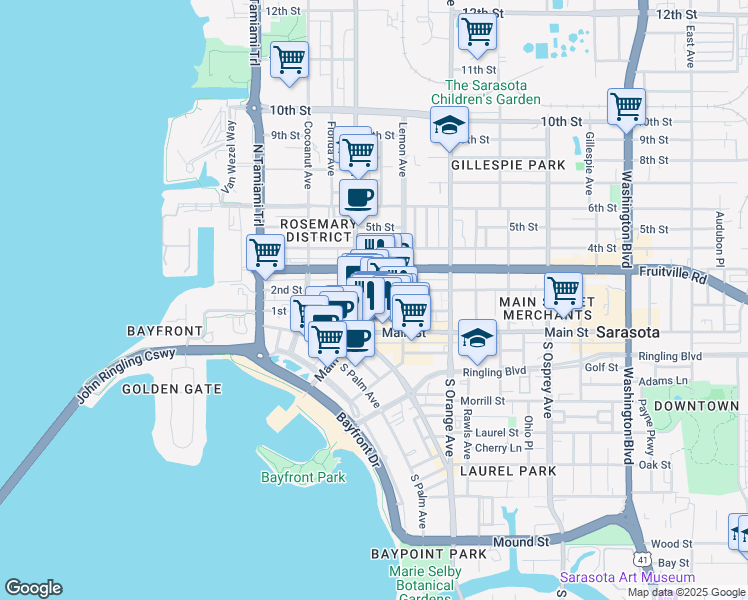 map of restaurants, bars, coffee shops, grocery stores, and more near 1417 1st Street in Sarasota