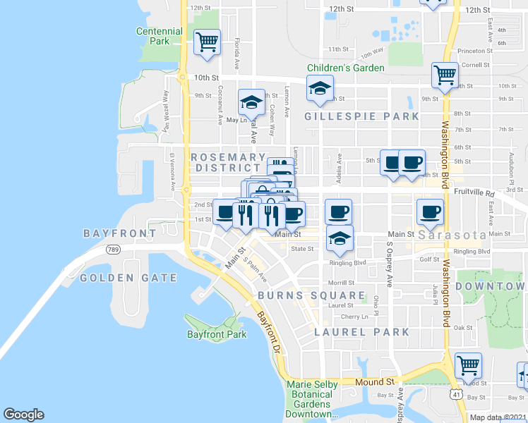 map of restaurants, bars, coffee shops, grocery stores, and more near 1417 1st Street in Sarasota