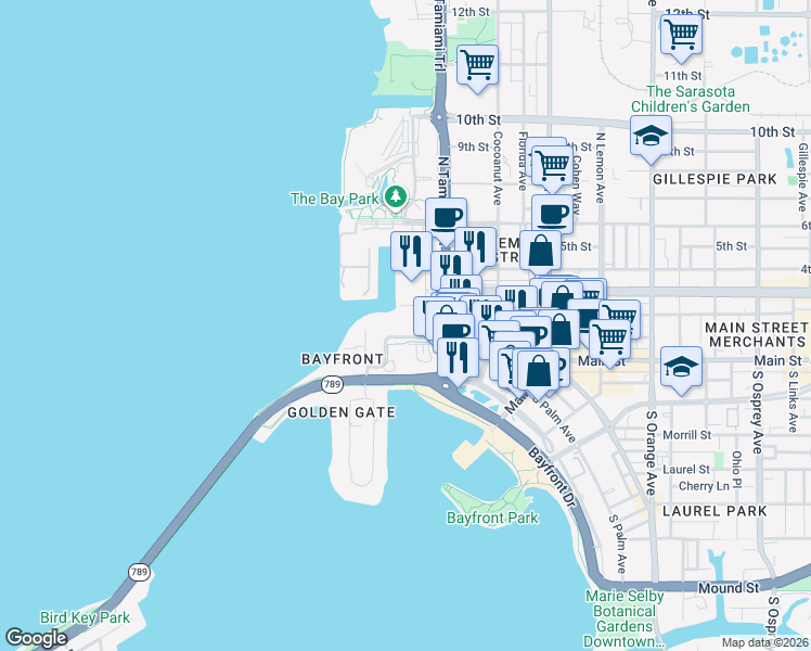 map of restaurants, bars, coffee shops, grocery stores, and more near 1111 Ritz Carlton Drive in Sarasota
