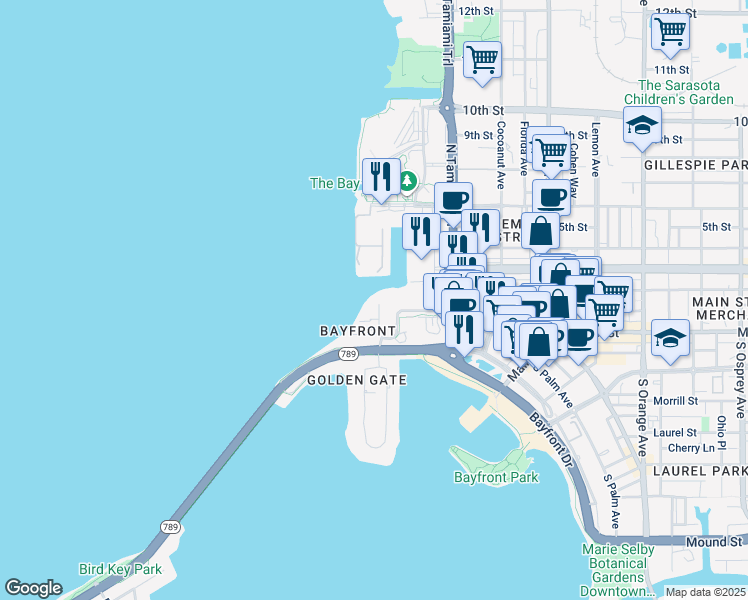 map of restaurants, bars, coffee shops, grocery stores, and more near 1111 Ritz Carlton Drive in Sarasota