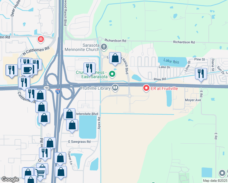 map of restaurants, bars, coffee shops, grocery stores, and more near 100 Coburn Road in Sarasota