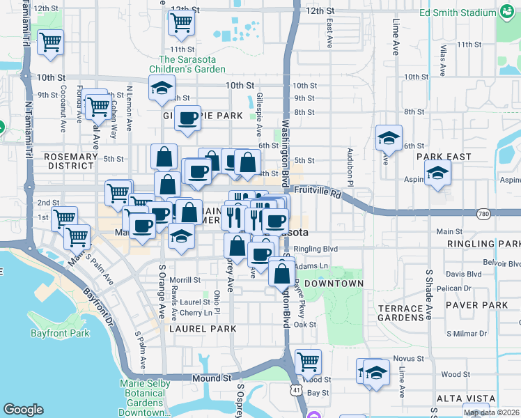 map of restaurants, bars, coffee shops, grocery stores, and more near 1991 Main Street in Sarasota