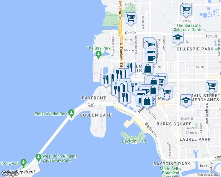 map of restaurants, bars, coffee shops, grocery stores, and more near 1111 Ritz Carlton Drive in Sarasota
