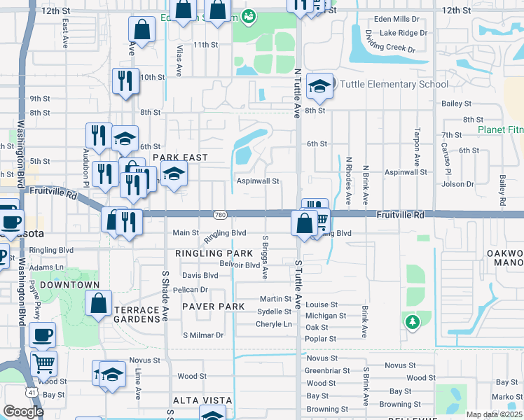 map of restaurants, bars, coffee shops, grocery stores, and more near 2681 Fruitville Road in Sarasota