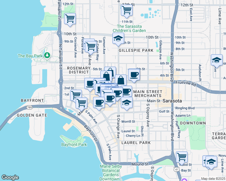 map of restaurants, bars, coffee shops, grocery stores, and more near 1565 1st Street in Sarasota