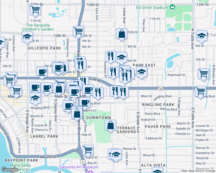 map of restaurants, bars, coffee shops, grocery stores, and more near 2195 1st Street in Sarasota