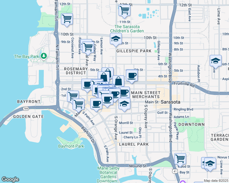 map of restaurants, bars, coffee shops, grocery stores, and more near 1565 1st Street in Sarasota